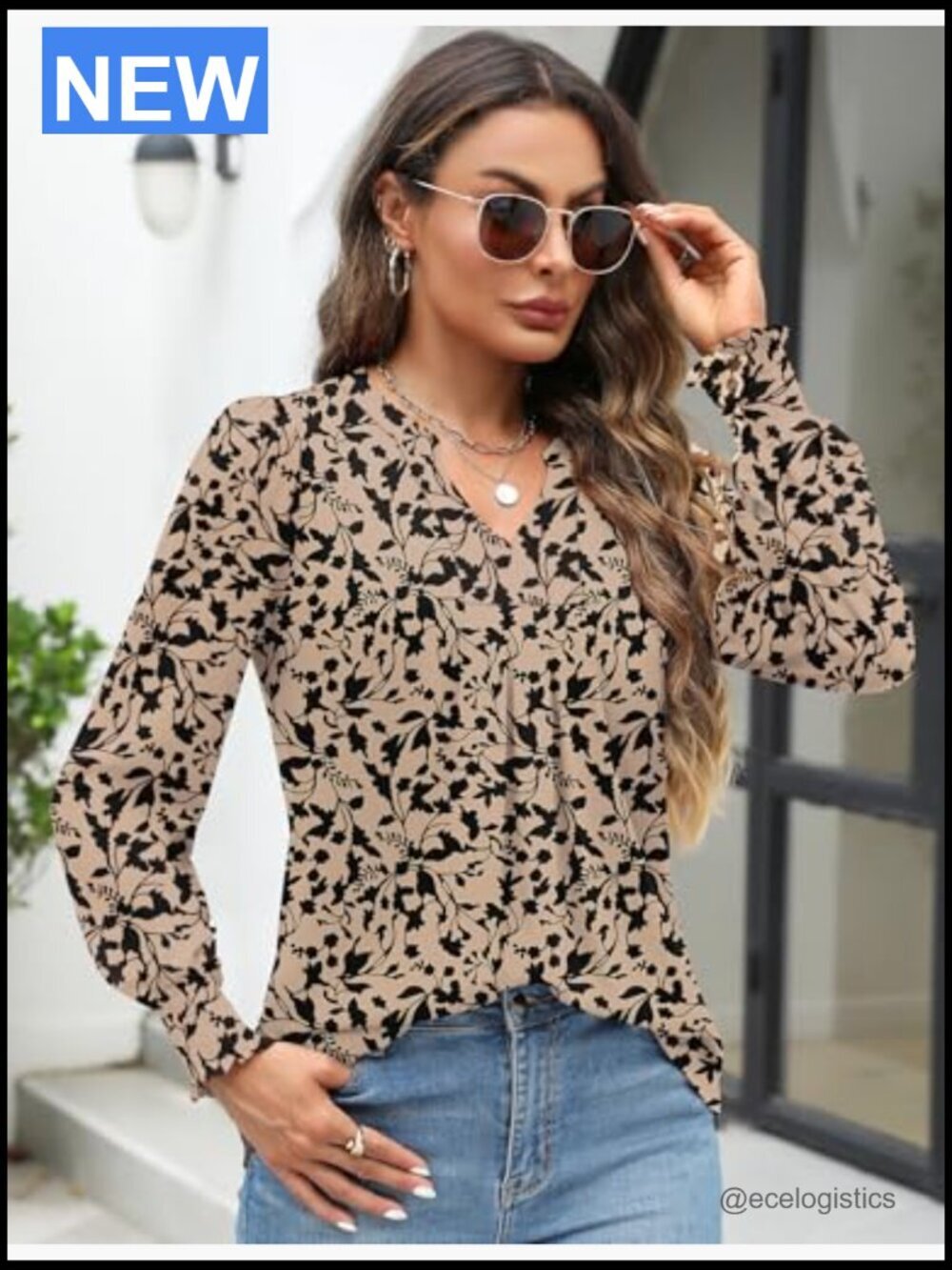 Women's V Neck Long Sleeve Ruffle Cuff Blouse Top - Picture 3 of 7